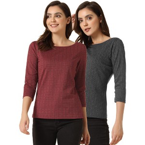 INSPIRE CHIC Women's Work Office 3/4 Sleeve Boat Neck Houndstooth Printed Blouse 2 Packs - 1 of 4