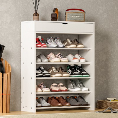 SKRAN 5-Tier Shoe Rack, Wooden Free Standing Shoe Cabinet, Vertical Organizer with Flip-top lid for Closet, Entryway, Dorm and Bedroom (White)
