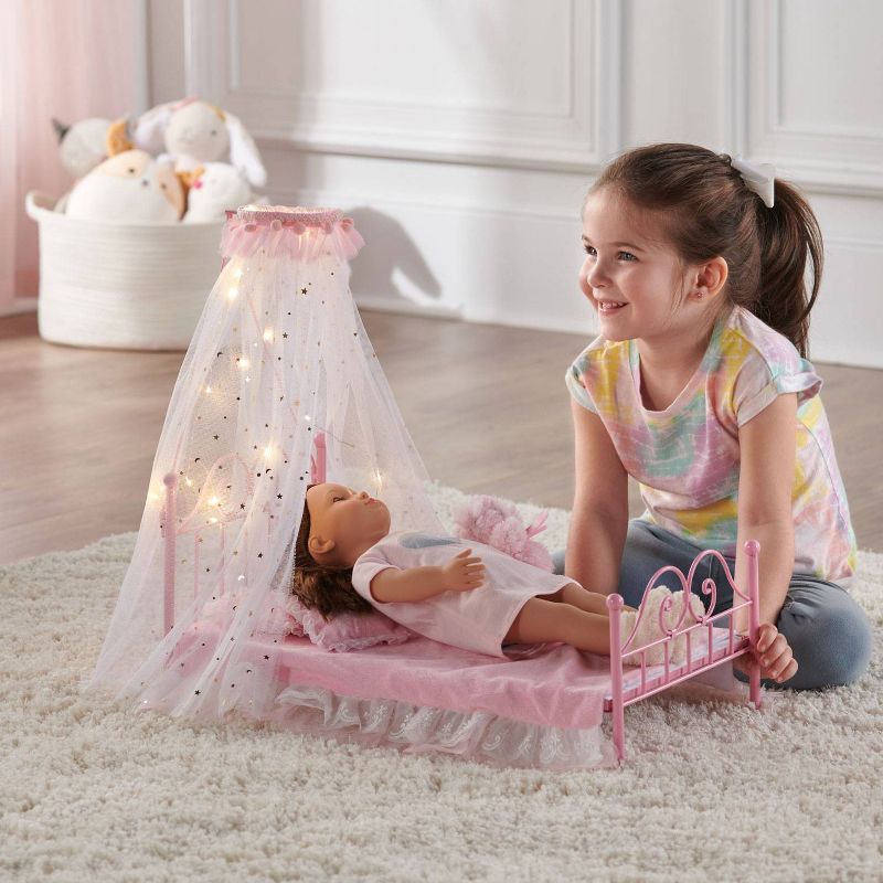 Starlights LED Canopy Metal Doll Bed with Bedding - Pink, 4 of 9