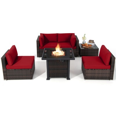 Tangkula 6 Piece Patio Wicker Conversation Set, Outdoor Rattan Sofa Set w/ 32" Propane Fire Pit Table, 50,000 BTU Heat, Tempered Glass Tabletop Black/Navy Blue/Red/Turquoise/Off White