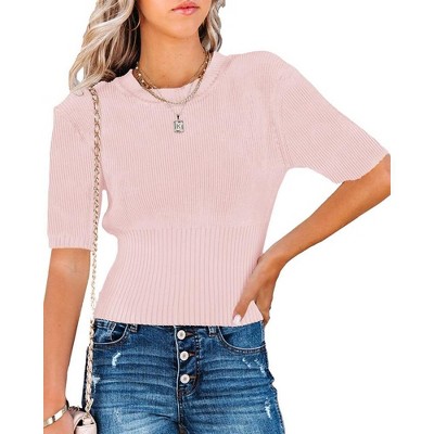 Womens Short Sleeve Sweaters Tops Crewneck Ribbed Pullover Shirt Soft Slim Fit Knit Sweater Blouse