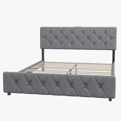 WhizMax Bed Frame with Type-C & USB Ports, Wooden Slats Support, Linen Fabric Wrap, No Box Spring Needed, Easy Assembly