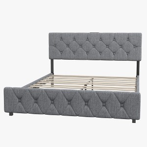 WhizMax Full Size Bed Frame with Type-C & USB Ports, Wooden Slats Support, Linen Fabric Wrap, No Box Spring Needed, Easy Assembly, Light Gray - 1 of 4