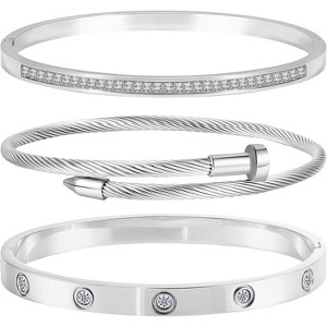 Gold Stackable Bracelets for Women - 3 Piece Stainless Steel Bangles with Love & Friendship Theme, Crystal Accents - 1 of 4
