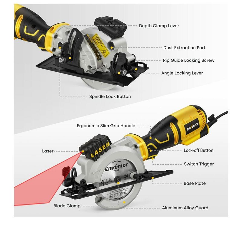 Enventor Yellow/Black 5.8 Amp Compact Circular Saw With 4.5 Inch Blades and Laser Guide, 2 of 7