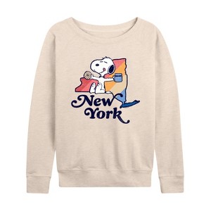 Women's - Peanuts - New York Snoopy Lightweight French Terry Wide Neck Long Sleeve Shirt - 1 of 4