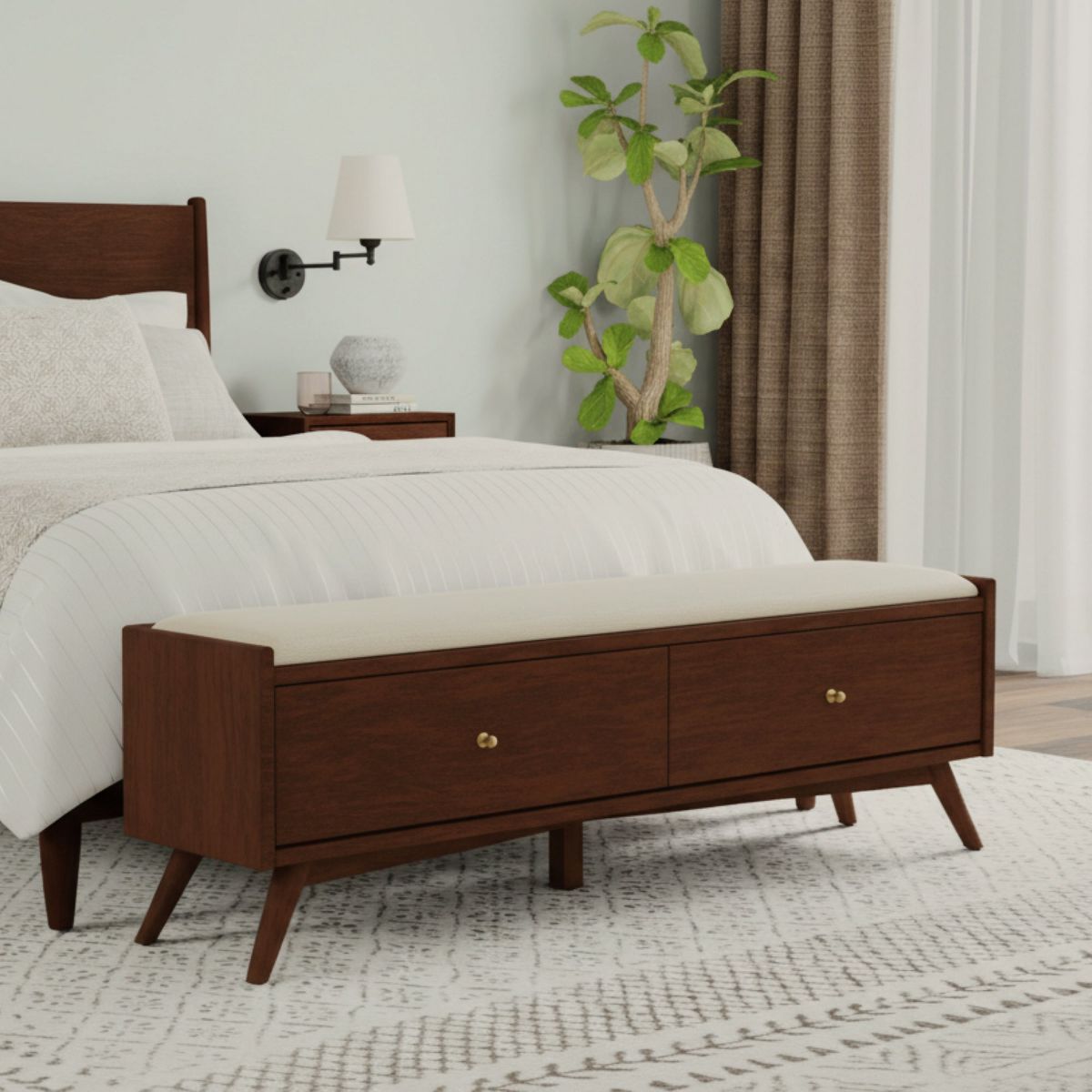 Flynn Mid-Century Upholstered Bench in Walnut | Alpine Furniture