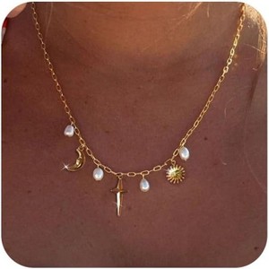 Dainty Gold Paperclip Charm Necklace With Shell, Moon, Star, Cross & Hexagram Pendant - Non-Tarnish Summer Beach Jewelry For Women - 1 of 4