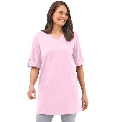 Woman Within Plus Size Perfect Roll-Tab-Sleeve Notch-Neck Tunic