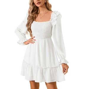 Women's Smocked Square Neck Short Dress Ruffle Long Puff Sleeve Casual Mini Dress Wedding Guest Dresses for Women - 1 of 4