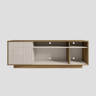 Oak and White Modern TV Stand with Chevron Pattern Cabinet for 70" Screens