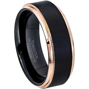Jewelry Avalanche Mens Black & Rose Gold Tungsten Carbide Wedding Band, Comfort-fit, Stepped Edge, 8mm - 1 of 4