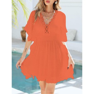 Womens Swimsuit Cover Up V Neck Short Sleeve Crochet Trim Bikini Cover Up Beach Shirt Dress - 1 of 3