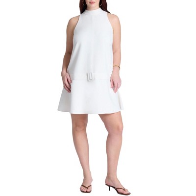 ELOQUII Women's Plus Size Mock Neck Belted Mini Dress