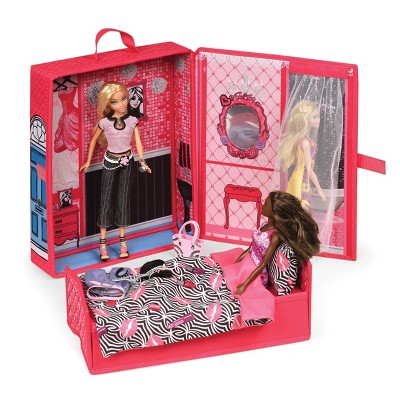 Pink Multi-Color Fabric MDF Dollhouse Playset with Bed and Bedding
