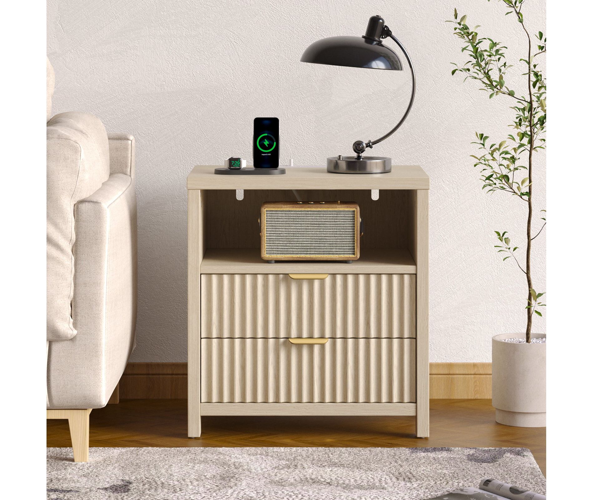 Qwatto Modern Fluted Bedside Table with Charging Station 19.7 Inch Nightstand 2 Wood Slide Drawers Open Shelf Metal Handle Wood Legs Bedroom End Table