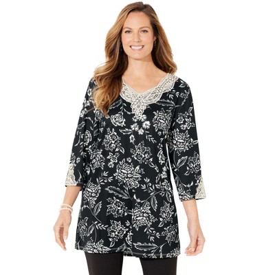 Catherines Women's Plus Size Black Applique Trimmed Tunic