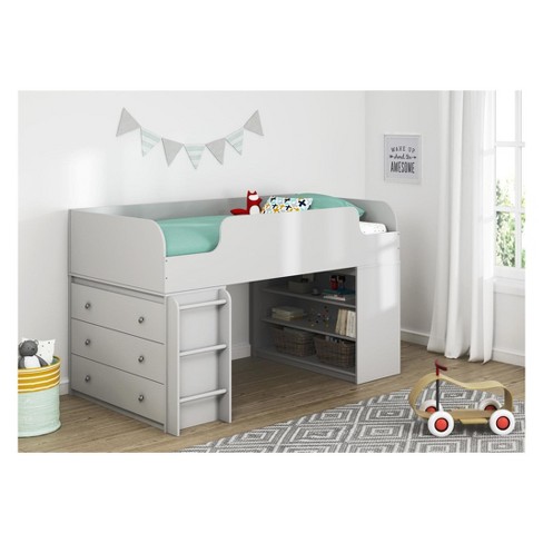 Cody Kids Loft Bed With Bookcase And 3 Drawer Dresser Dove Gray