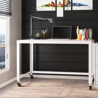 White Metal Standing Desk with Mobile Filing Cabinet
