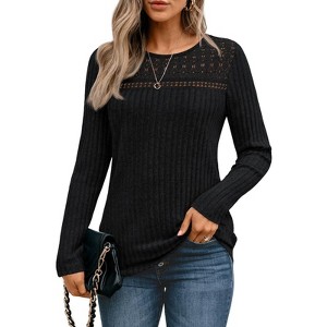BLUEMING Womens Tunics Lace Long Sleeve Shirt Ribbed Hollow Out Fall Top Casual Tunic Sweaters Mesh Clothes - 1 of 4
