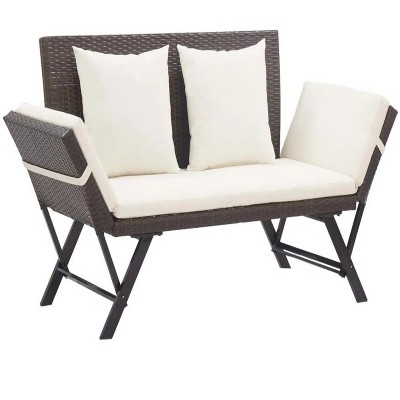 Patio Bench with Cushions 69.3" Brown Poly Rattan