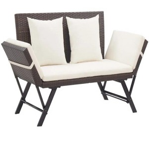 Patio Bench with Cushions 69.3" Brown Poly Rattan - 1 of 4