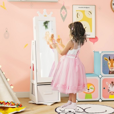 White MDF Kids Jewelry Armoire Cabinet with Mirror and Storage