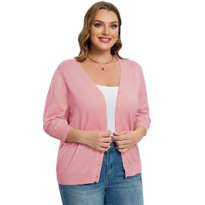 Women's Plus Size V-Neck Cardigan Casual 3/4 Sleeve Knit Button Down Open Front Sweater - 1 of 4