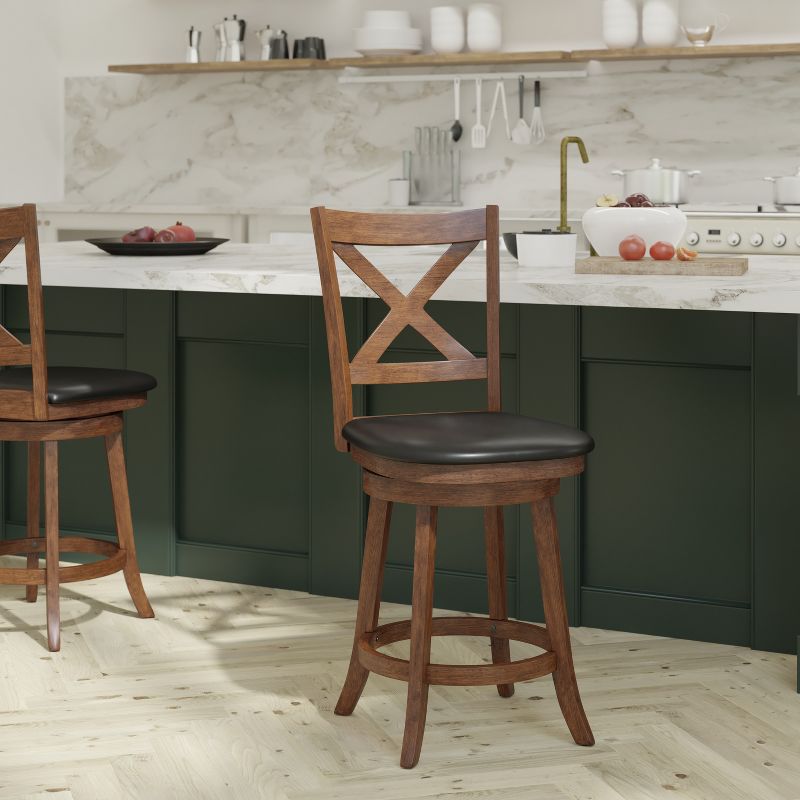 Emma and Oliver Wooden Crossback Pub Style Barstool with Padded Faux Leather Swivel Seat, 2 of 12