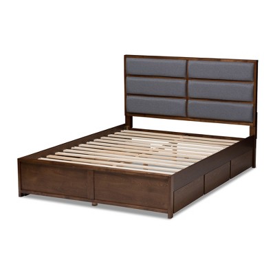 Walnut and Gray Upholstered Queen Storage Platform Bed with Drawers