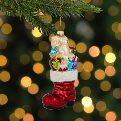 5" Shiny Red Glass Stocking Ornament with Presents