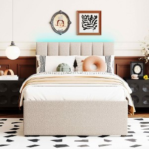 MAYEERTY Full Size Teddy Fleece Upholstered Platform Bed, Twin Trundle, Bedroom, Beige - 1 of 4