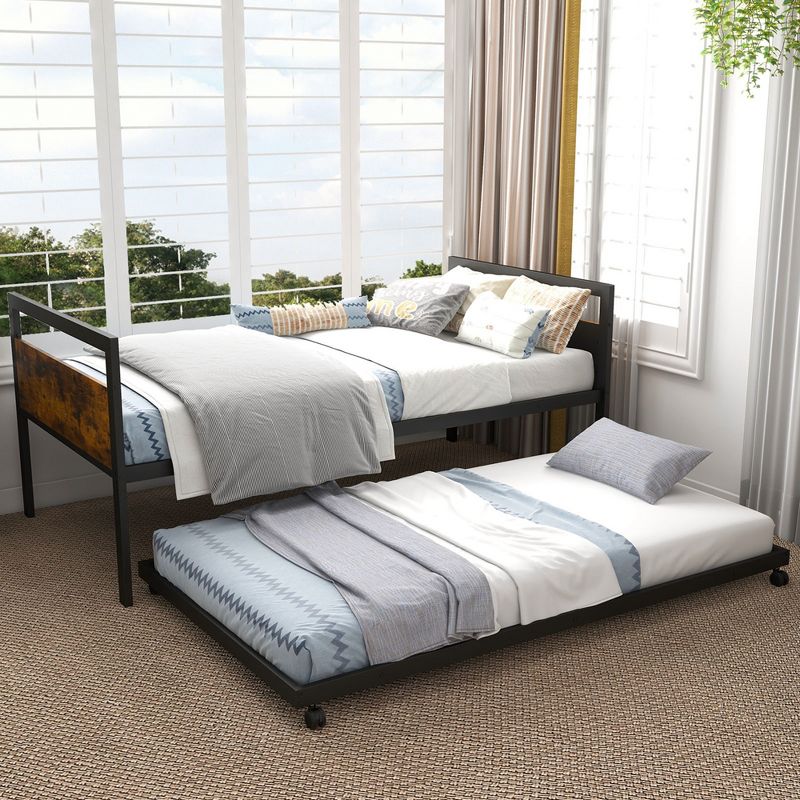 Costway Twin Metal Daybed with Trundle Lockable Wheels Heavy Duty Metal Slats Support, 5 of 11