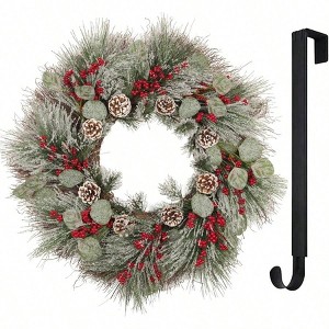 26 Inch Wreath with Hanger Lights Front Door Outdoor Porch Frosted Branches Snowy White Pine Needles Cones Berry Clusters - 1 of 4