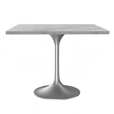 LeisureMod Verve 27" Square Dining Table - Modern Resin Top with Brushed Chrome Pedestal Base Accent Side Table for Contemporary Kitchen and Home