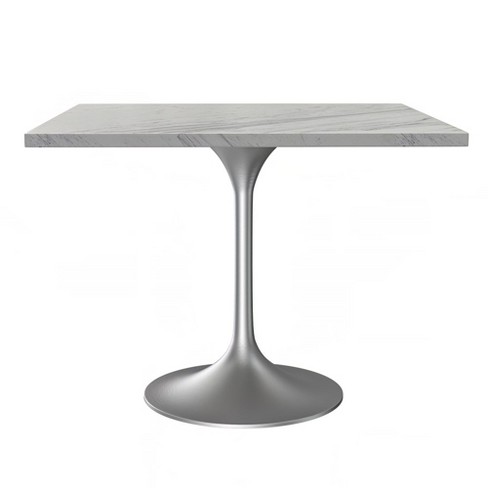 LeisureMod Square Dining Table with a White Resin Tabletop and Brushed Chrome Stainless Steel Pedestal Base Verve Collection - image 1 of 4