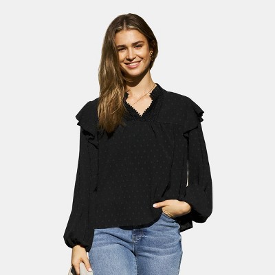 Women's Black Ruffled Shoulder Puff Sleeve Blouse - Cupshe