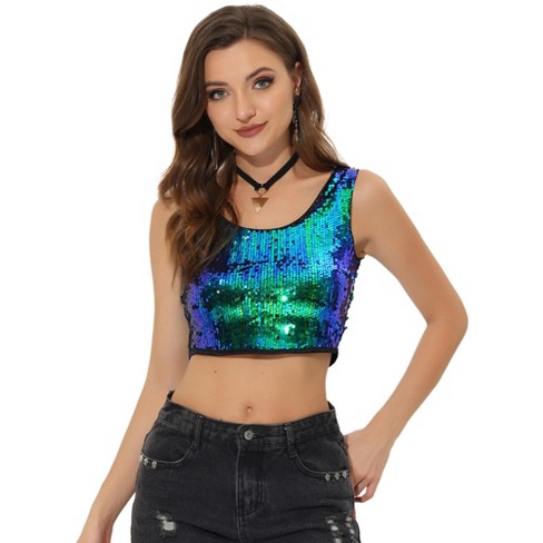 Allegra K Women's Party Spaghetti Straps Criss Cross Crop Sequin