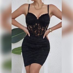 Women's Deep V Neck Bodycon Dress Lace Hollow Out Sexy Slim Fit Club Party Mini Dress Spaghetti Strap Sleeveless - 1 of 4