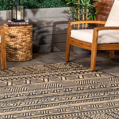 Charcoal Geometric Striped Synthetic Indoor/Outdoor Rug