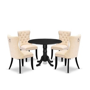 East West Furniture, 5 Piece Dining Table Set Contains a Round Kitchen Table with Dropleaf and 4 Upholstered Chairs, Black - 1 of 4