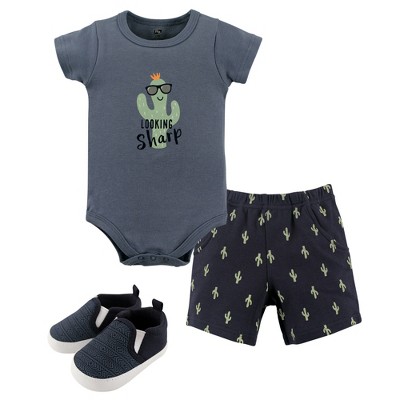 Image of Hudson Baby Infant Boy Cotton Bodysuit, Shorts and Shoe 3pc Set, Cactus, 6-9 Months