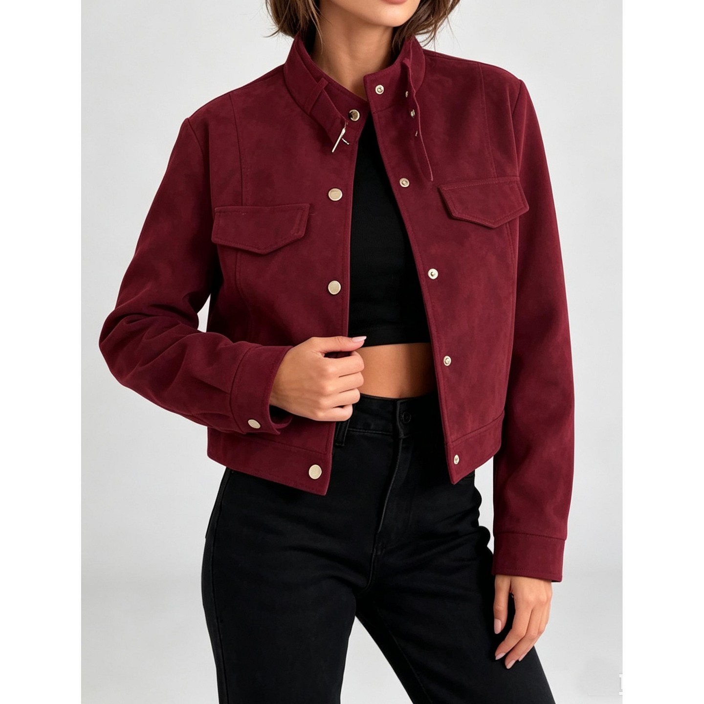 Женская куртка YesFashion Women Faux Suede Cropped Jacket Stand Collar Button Down Long Sleeve Casual Short Outerwear, Brown, цвет: Коричневый — фото 7