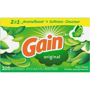Gain dryer sheets, 105 Count, Original Scent Laundry Fabric Softener Sheets with 2-in-1 Aromaboost Plus Softness - 1 of 4
