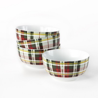 Lakeside Stoneware Tartan Plaid Dinner Bowl Set - Christmas Serveware - Set of 4