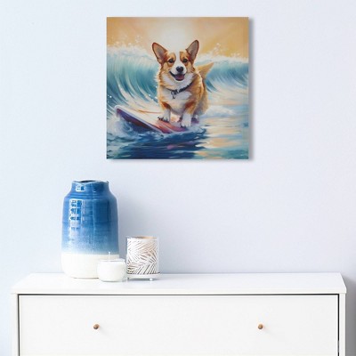 16" Square Multicolor Canvas Wall Art with Surfing Corgi
