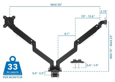 Black Dual Monitor Desk Mount with USB Ports and Adjustable Arms