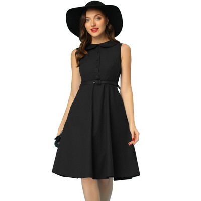 Allegra K Women's Summer Peter Pan Collar A-Line Sleeveless Belt Shirt Dress