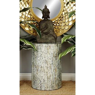 Iridescent Light Blue Mosaic & Wood Round Accent Table