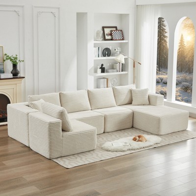 137.8" Corduroy Upholstery U-Shaped Cloud Modular Sectional Sofa with Right Chaise and Pillows, All-Foam Compression Design